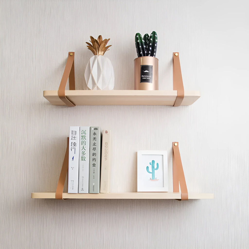 Nordic style pine wood wall mounted storage shelf for remote controls and small items.