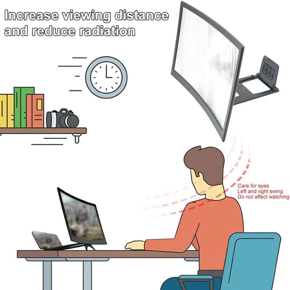 12 inch mobile screen magnifier with curved arc frame holding a phone in anti-slip slot on a desk