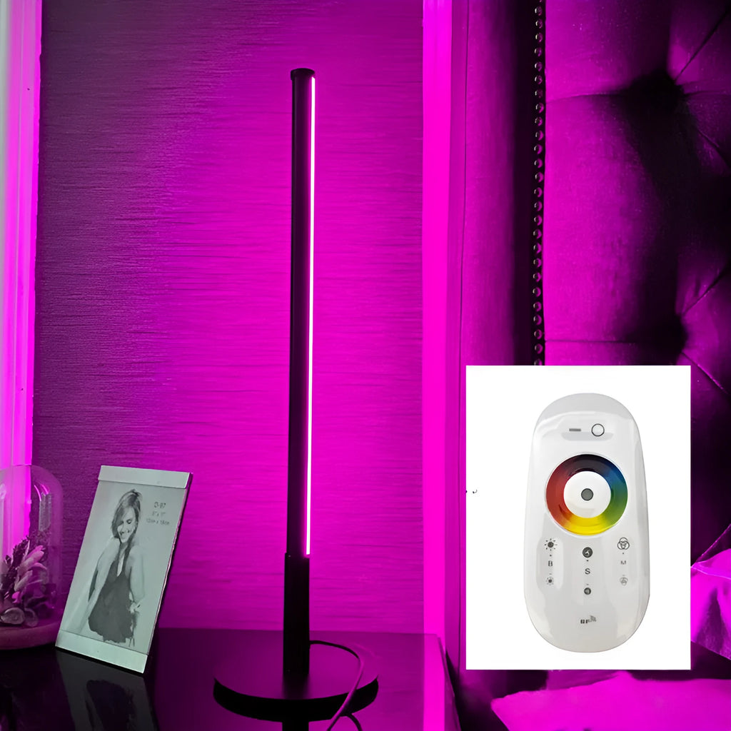 Black Nordic minimalist LED bedside lamp with RGB lighting and remote control on table