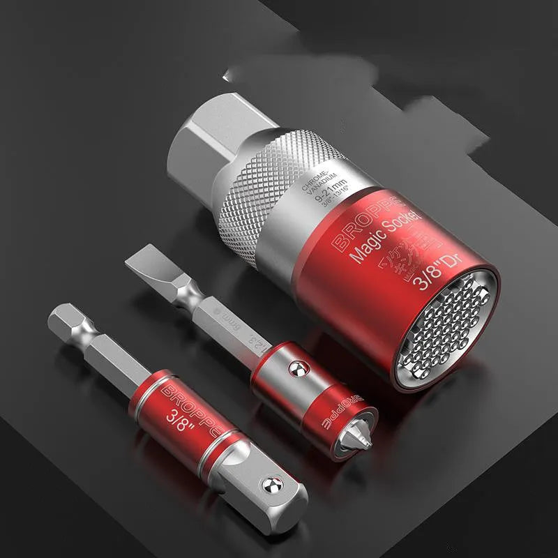 Red metric socket set with 7-19mm and 9-21mm sleeves and electric screw adapter