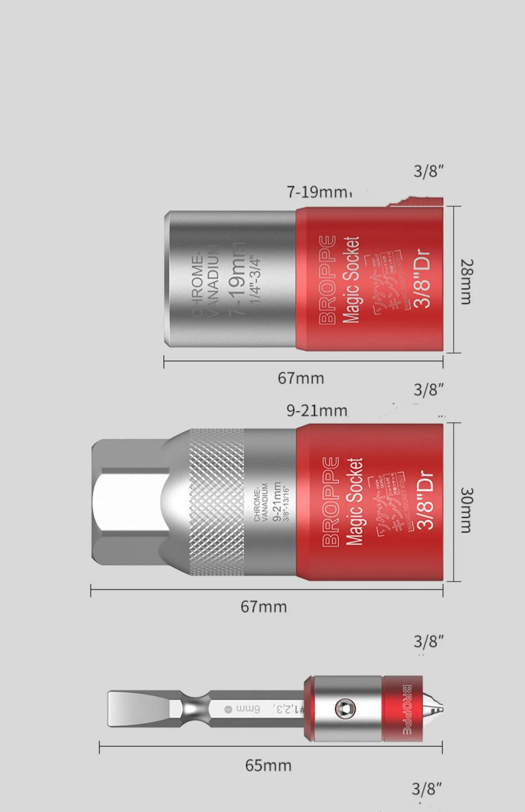 Red metric socket set with 7-19mm and 9-21mm sleeves and electric screw adapter
