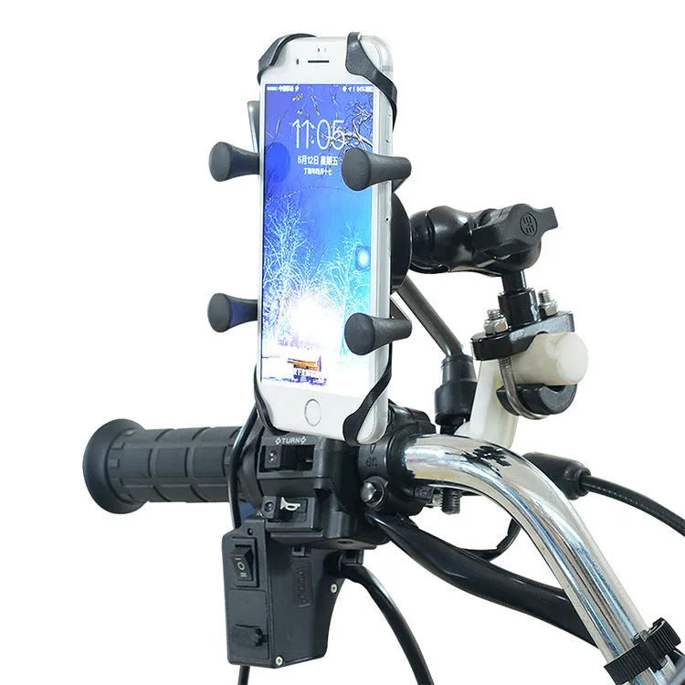 Black aluminium alloy motorcycle and bicycle phone mounting bracket on a handlebar.