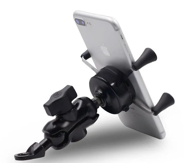 Black aluminium alloy motorcycle and bicycle phone mounting bracket on a handlebar.