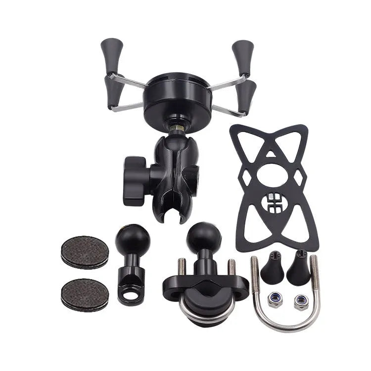 Black aluminium alloy motorcycle and bicycle phone mounting bracket on a handlebar.