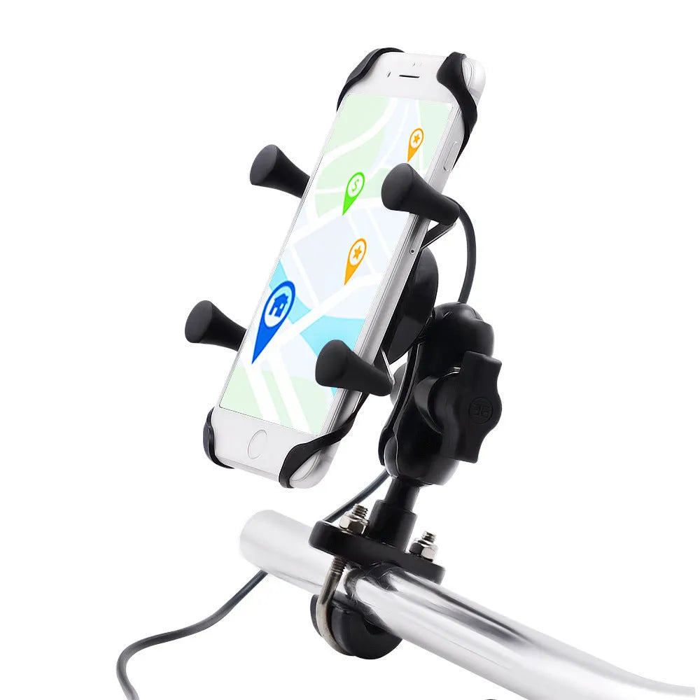 Black aluminium alloy motorcycle and bicycle phone mounting bracket on a handlebar.
