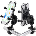Black aluminium alloy motorcycle and bicycle phone mounting bracket on a handlebar.