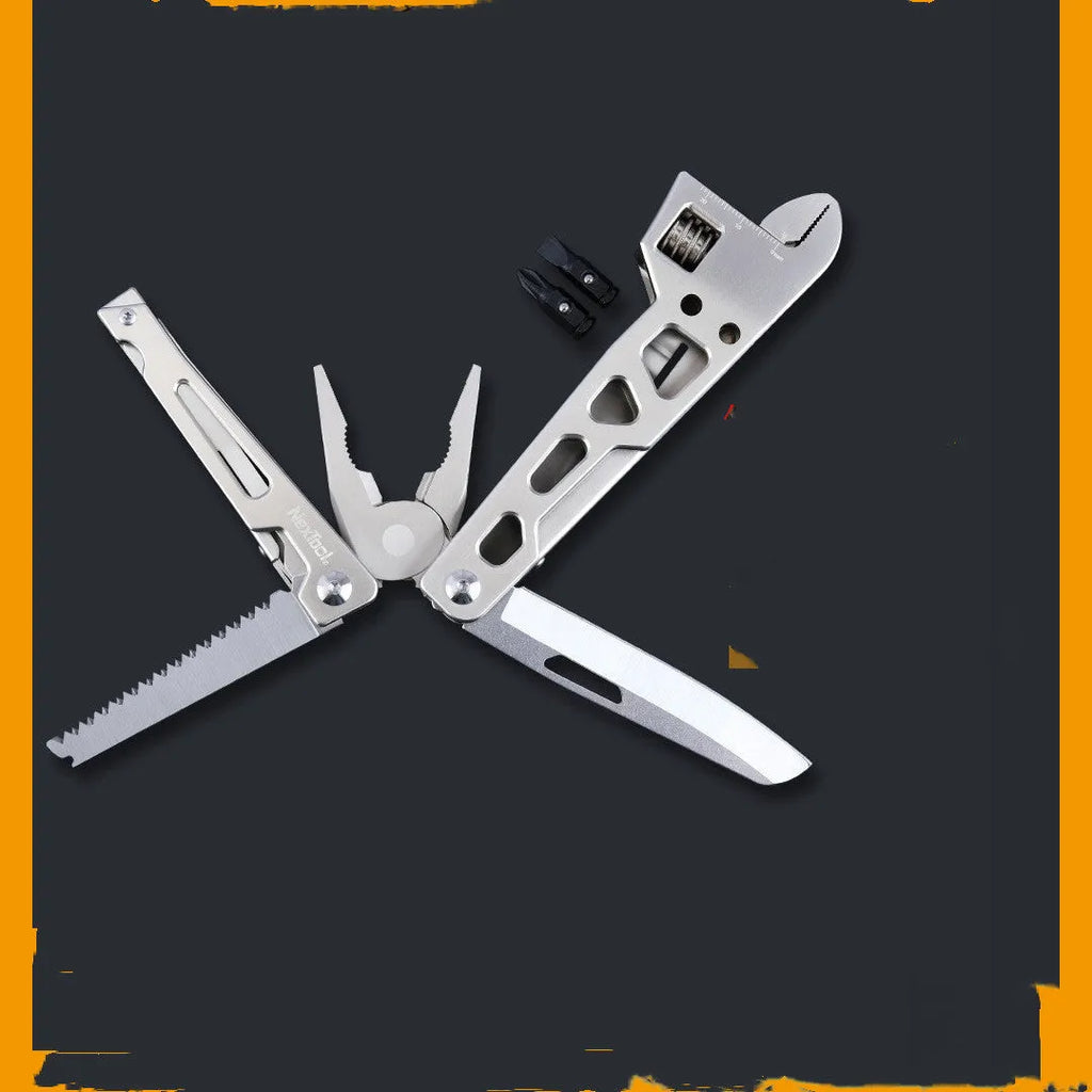 White stainless steel multi-function tool with wrench, knife, and needle nose pliers on a 13 cm handle.