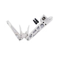 White stainless steel multi-function tool with wrench, knife, and needle nose pliers on a 13 cm handle.