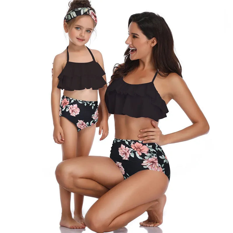 Printed high waist bikini parent-child swimwear set in black with tummy control and soft padded cups
