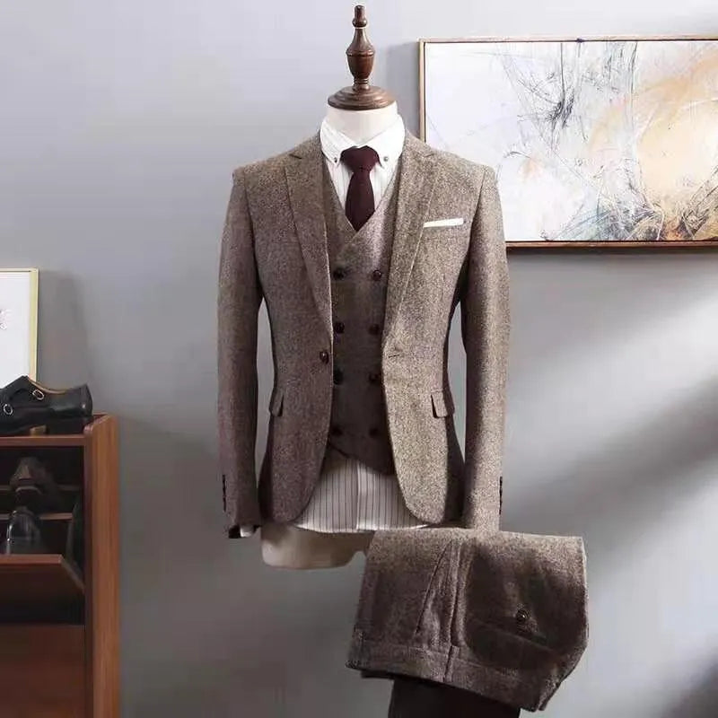 Three-piece men's formal suit set in black, Korean slim fit, includes jacket vest and trousers