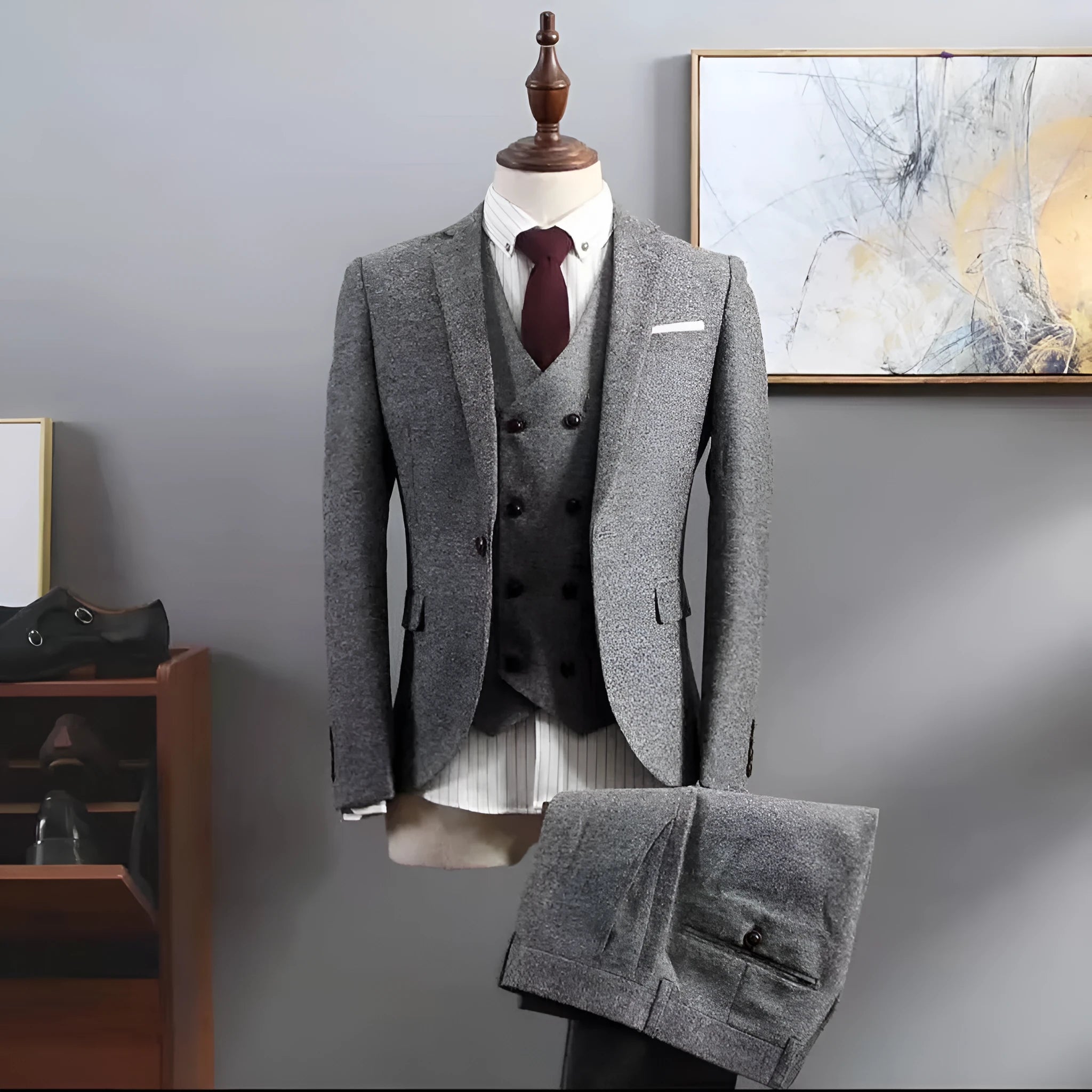 Three-piece men's formal suit set in black, Korean slim fit, includes jacket vest and trousers
