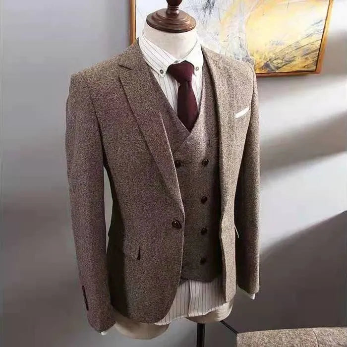 Three-piece men's formal suit set in black, Korean slim fit, includes jacket vest and trousers