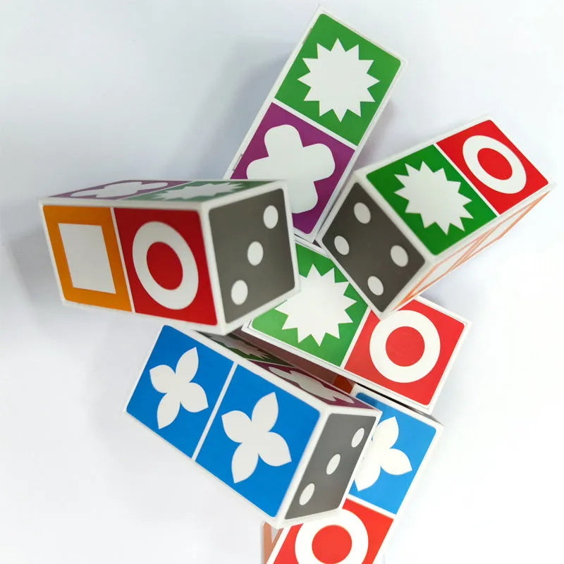 Matching Master board game with colourful ABS blocks and pattern cards in a colour box