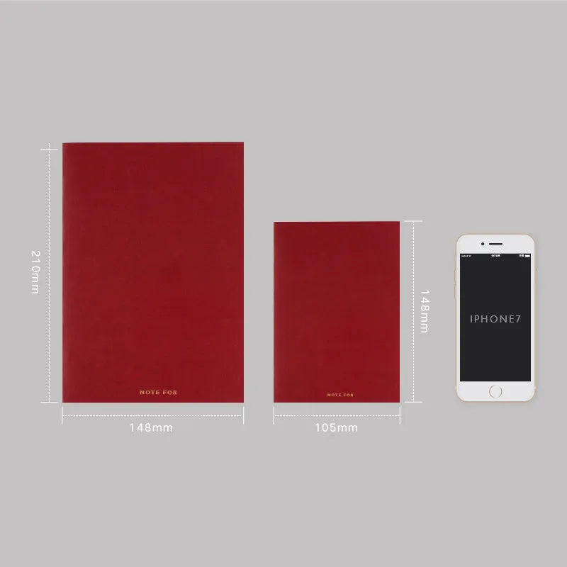 Simple retro A5 notebook with red imitation leather cover, bronzing detail, and dot matrix pages