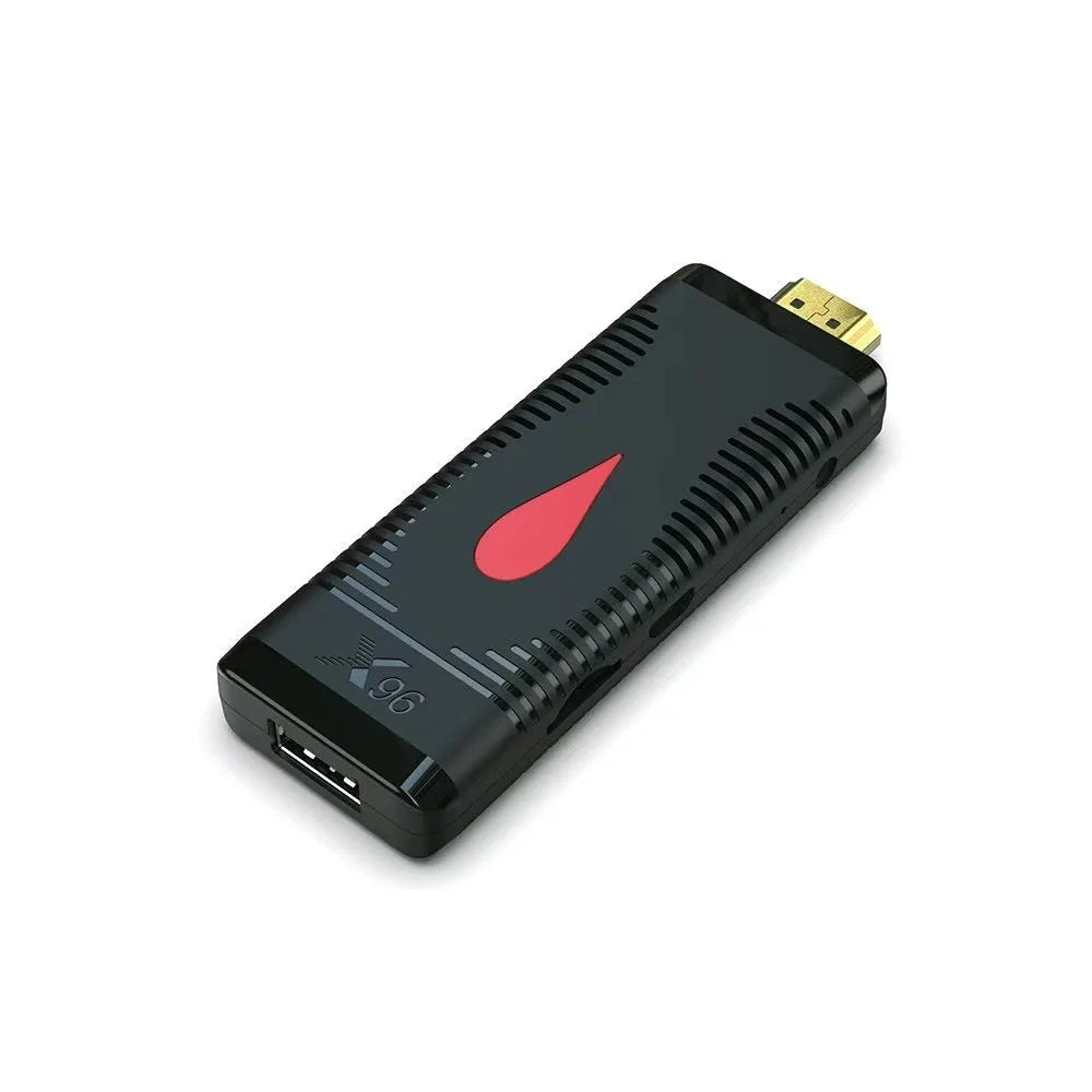 Smart Network TV set-top box stick with remote control and HDMI cable for WiFi screen mirroring.