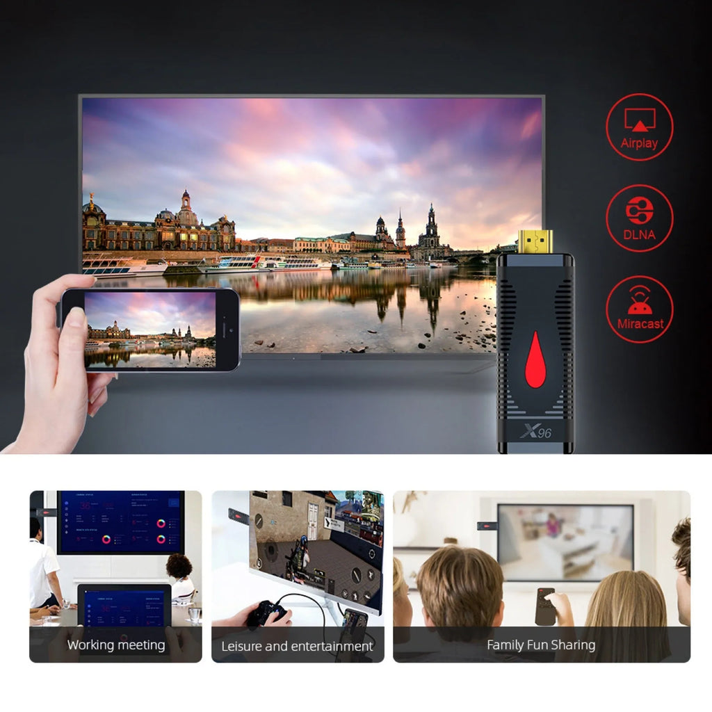Smart Network TV set-top box stick with remote control and HDMI cable for WiFi screen mirroring.