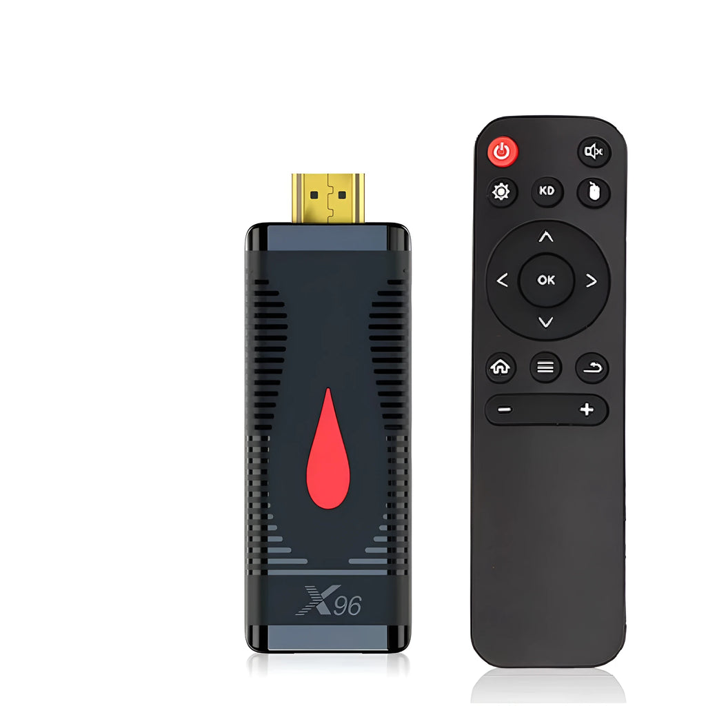 Smart Network TV set-top box stick with remote control and HDMI cable for WiFi screen mirroring.