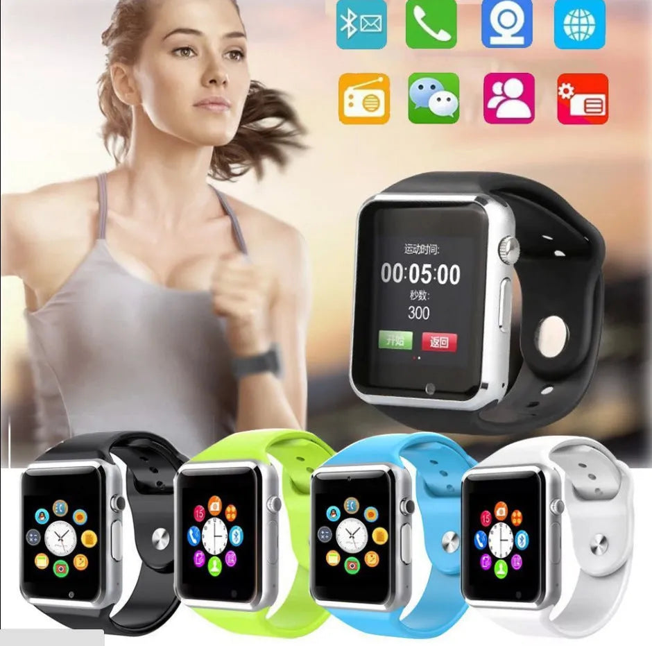 A1 Android smartwatch in various colours featuring a 1.54-inch screen, GSM SIM slot, and camera.