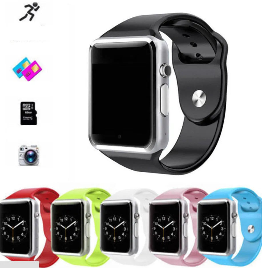 A1 Android smartwatch in various colours featuring a 1.54-inch screen, GSM SIM slot, and camera.