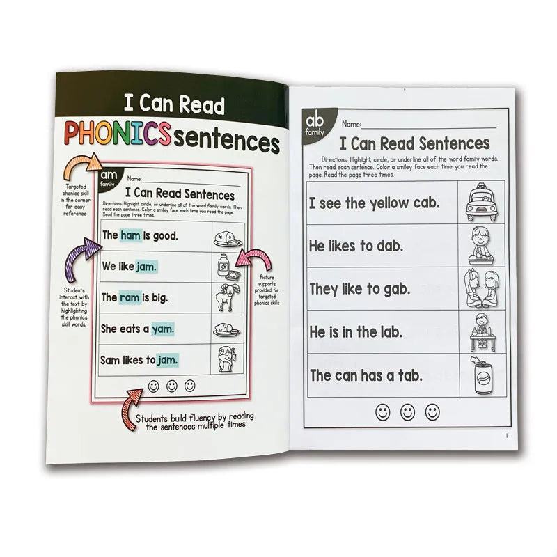 Children's phonics reading worksheet 21cm by 14cm for ages 6 plus