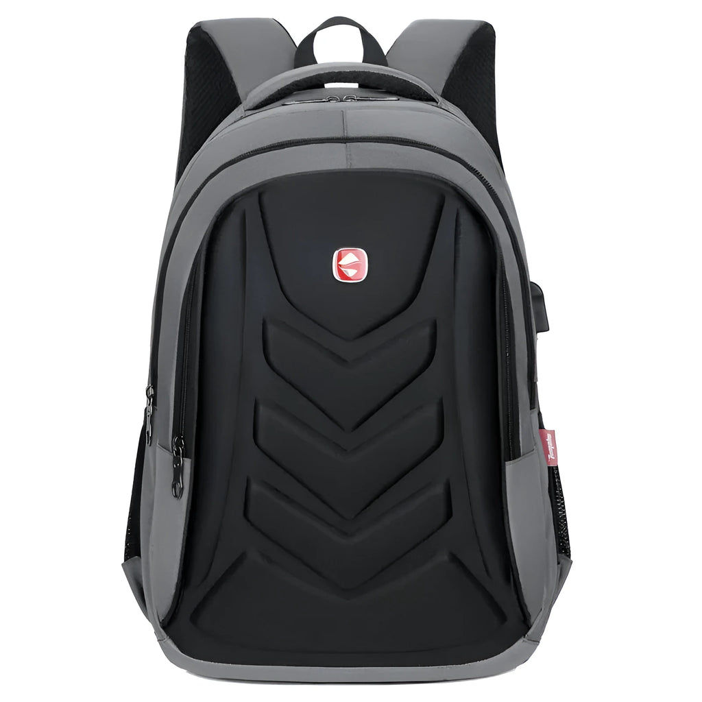 Hard shell computer backpack in black, grey, and purple, 32x46x15cm, waterproof and wear-resistant