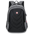 Hard shell computer backpack in black, grey, and purple, 32x46x15cm, waterproof and wear-resistant