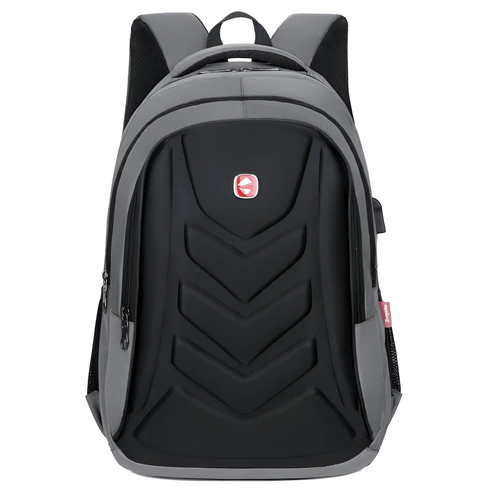 Hard shell computer backpack in black, grey, and purple, 32x46x15cm, waterproof and wear-resistant