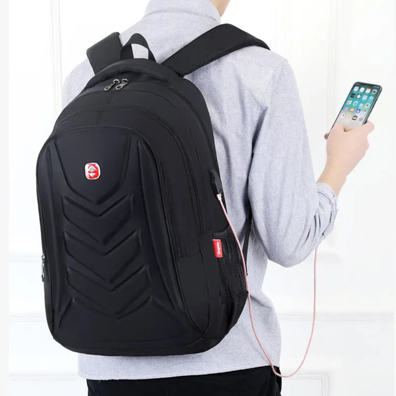 Hard shell computer backpack in black, grey, and purple, 32x46x15cm, waterproof and wear-resistant