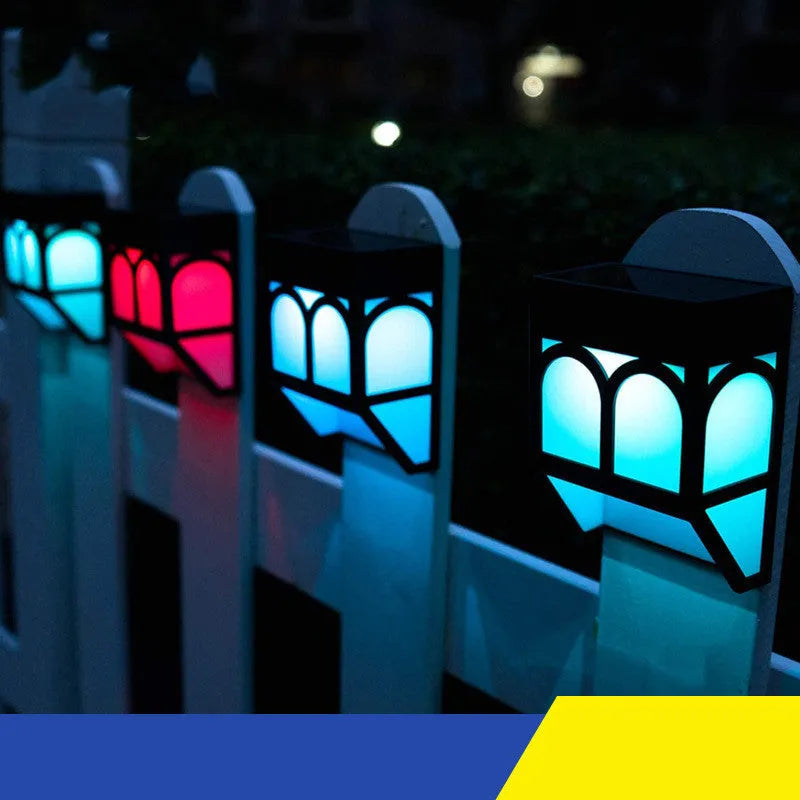 Solar-powered outdoor wall lamp with IP67 waterproof rating and multiple colour lighting options