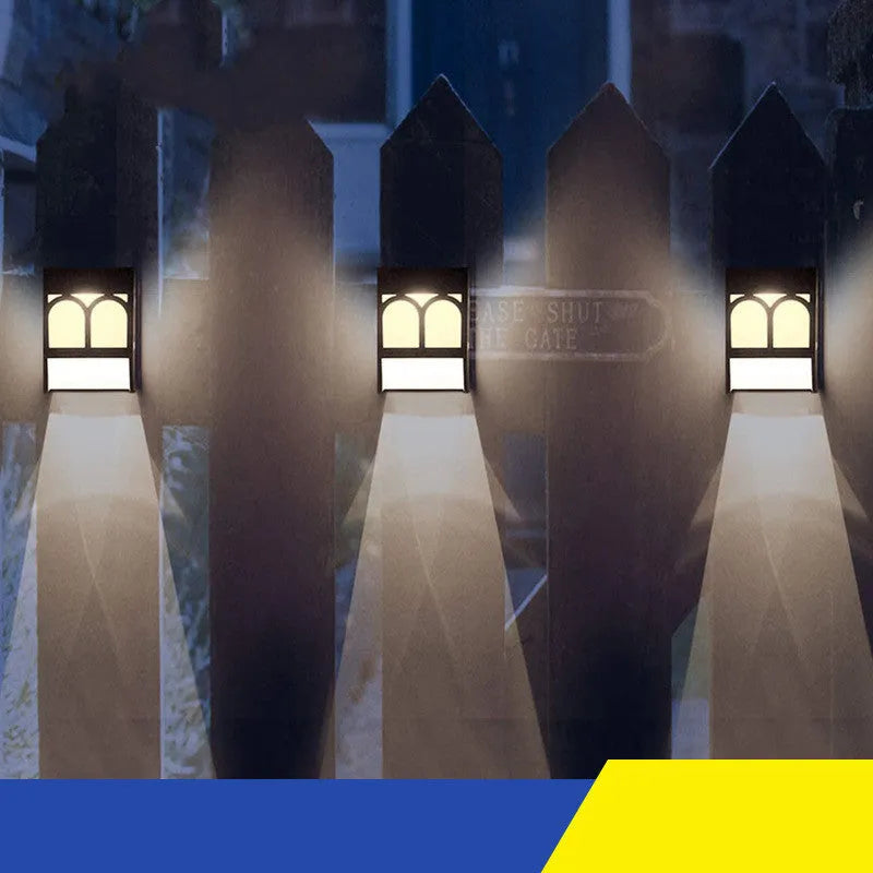 Solar-powered outdoor wall lamp with IP67 waterproof rating and multiple colour lighting options