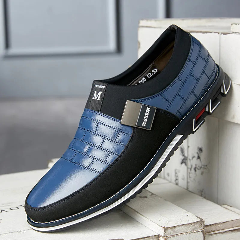 Men's low-top casual leather shoes in blue, black, and brown colours showing extended sizing up to EU 48