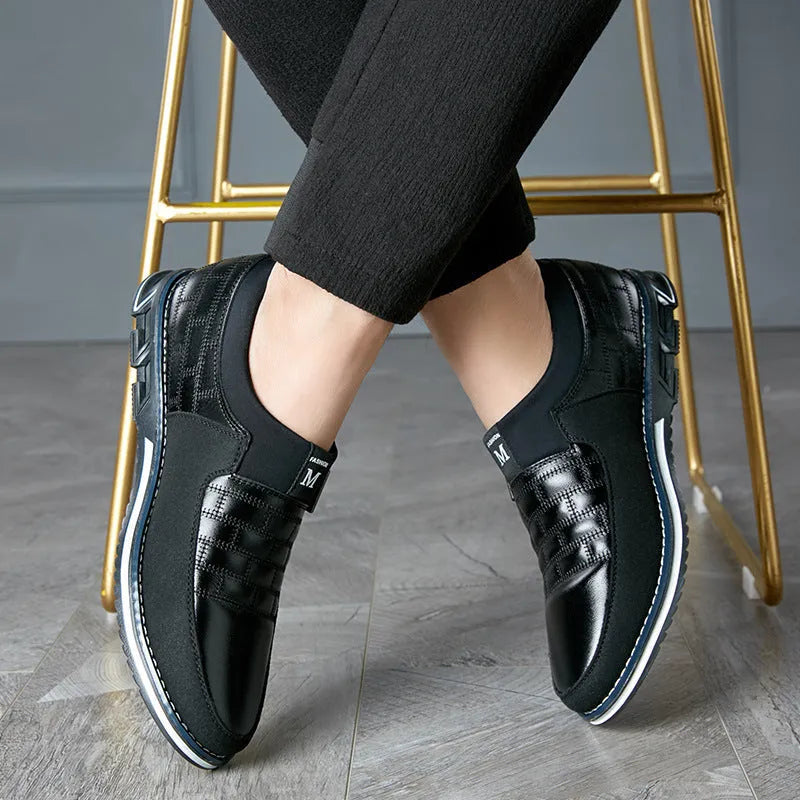 Men's low-top casual leather shoes in blue, black, and brown colours showing extended sizing up to EU 48