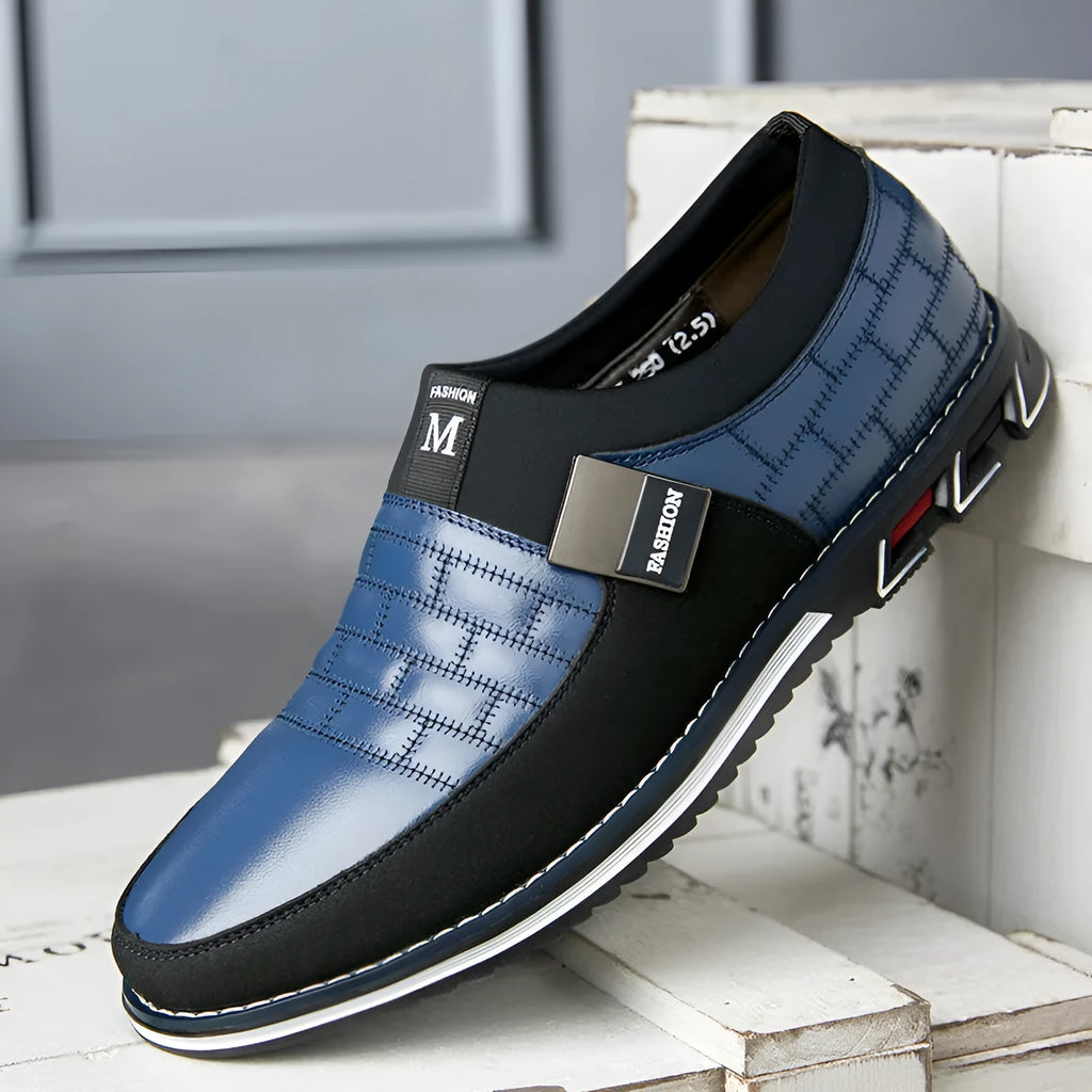 Men's low-top casual leather shoes in blue, black, and brown colours showing extended sizing up to EU 48