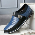 Men's low-top casual leather shoes in blue, black, and brown colours showing extended sizing up to EU 48