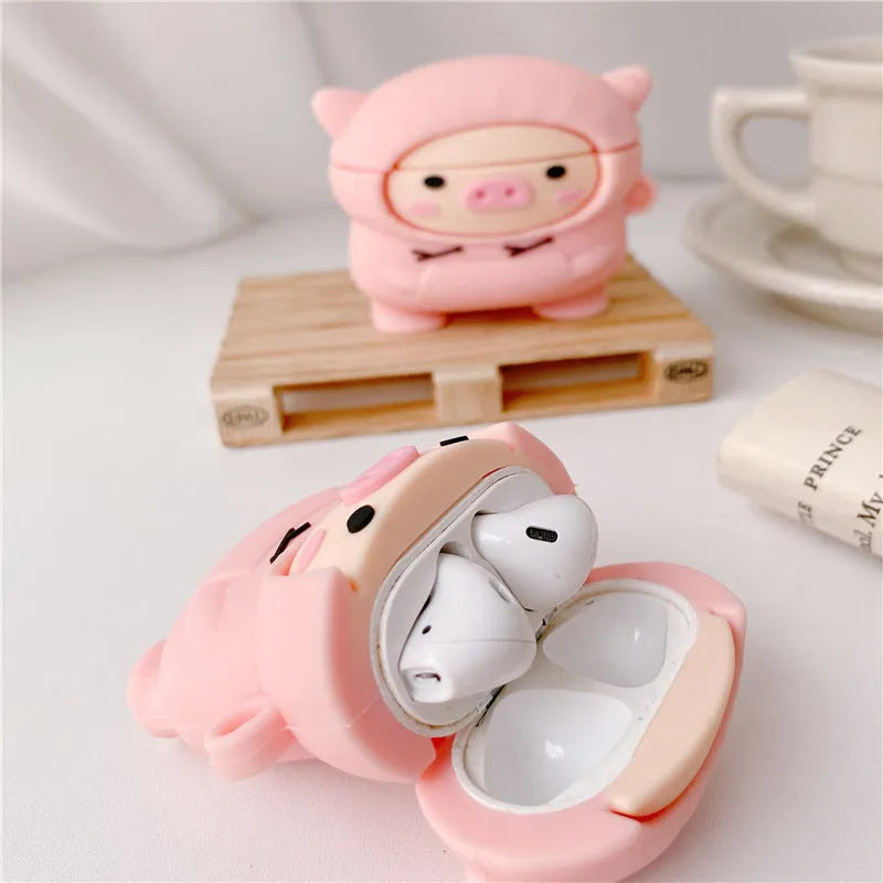 Cartoon pink pig silicone flip case for Apple AirPods with matching hook accessory