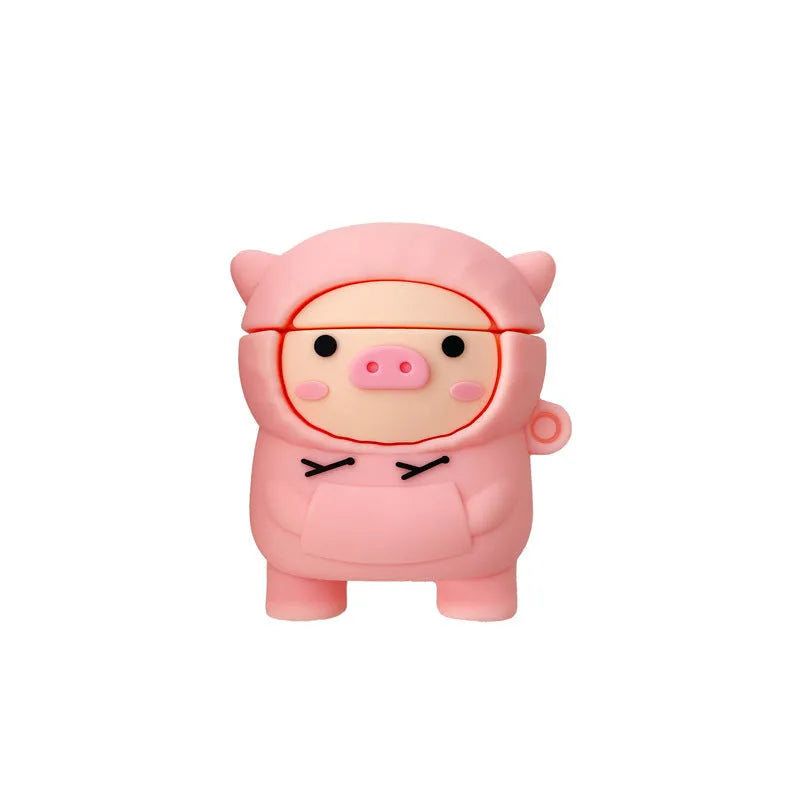 Cartoon pink pig silicone flip case for Apple AirPods with matching hook accessory