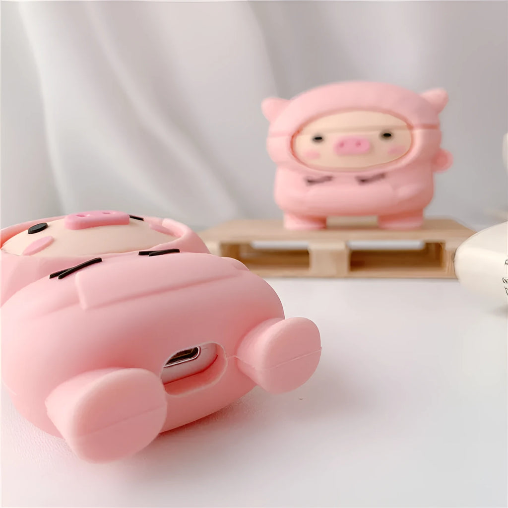 Cartoon pink pig silicone flip case for Apple AirPods with matching hook accessory