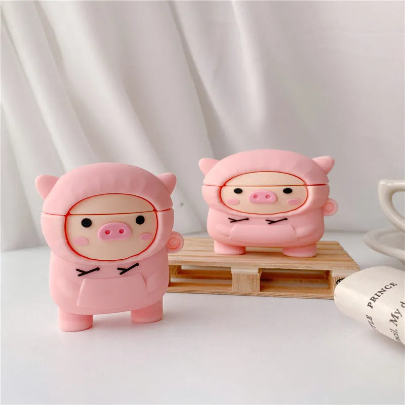 Cartoon pink pig silicone flip case for Apple AirPods with matching hook accessory