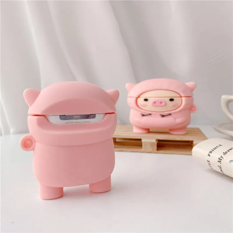 Cartoon pink pig silicone flip case for Apple AirPods with matching hook accessory