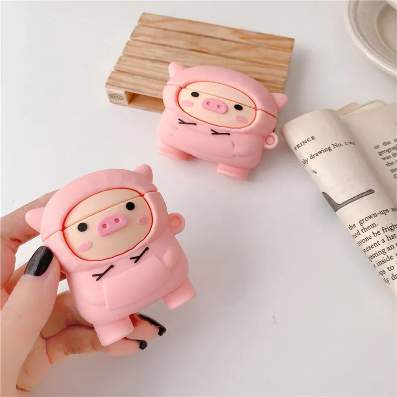 Cartoon pink pig silicone flip case for Apple AirPods with matching hook accessory