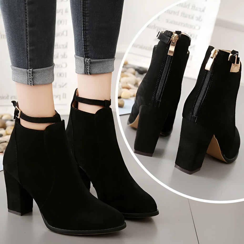 Women's high-heeled Martin boots with belt buckle detail, low tube, round toe, PU insole, available in black, apricot, brown.