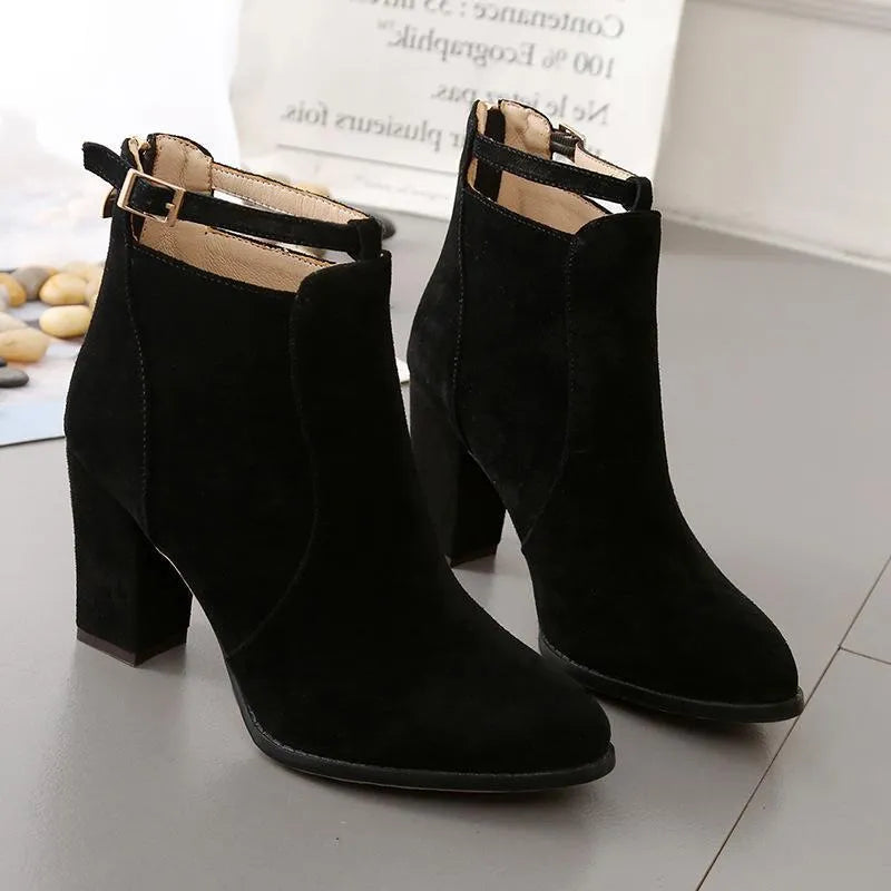 Women's high-heeled Martin boots with belt buckle detail, low tube, round toe, PU insole, available in black, apricot, brown.