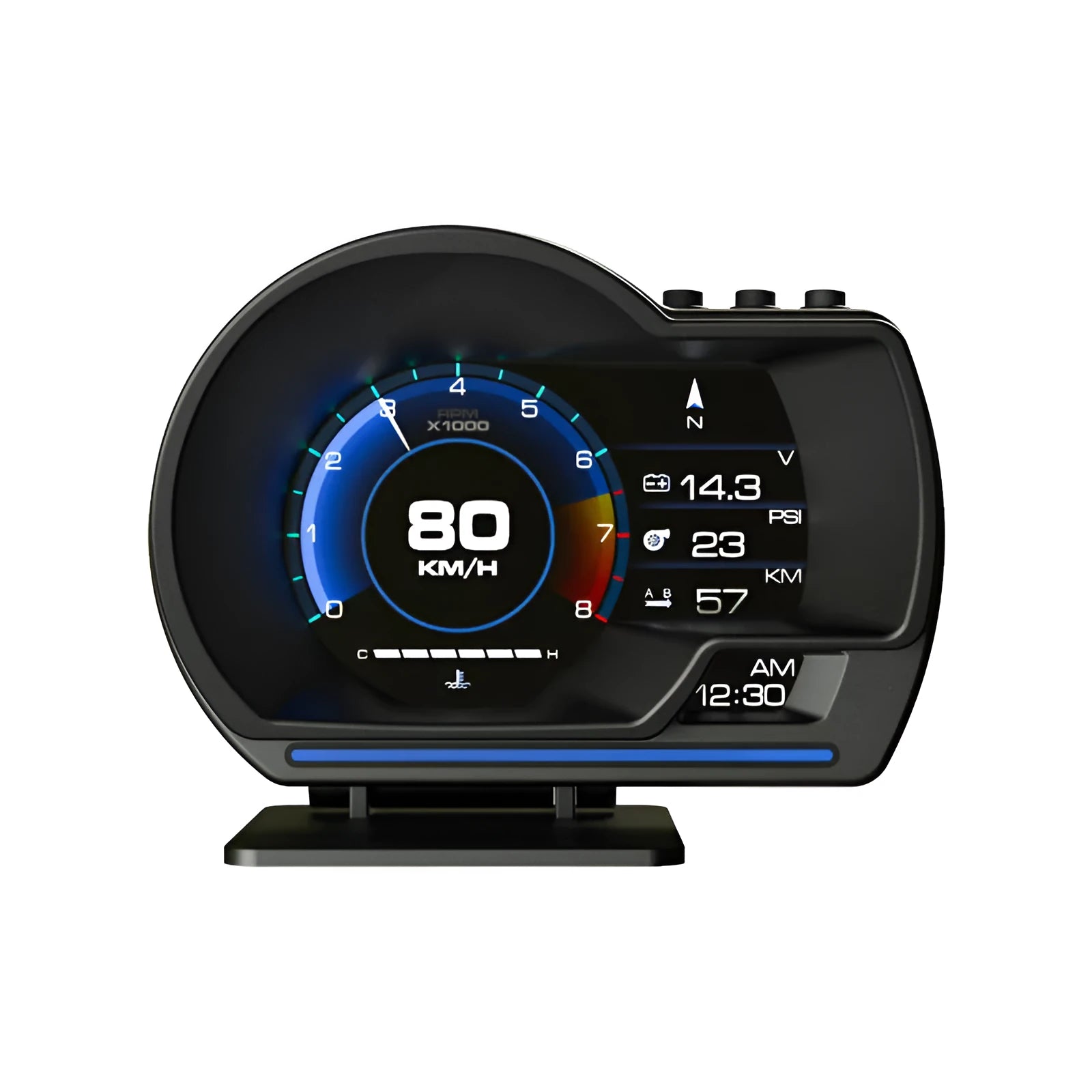 High-definition GPS head-up display with carbon fibre finish showing speed and water temperature data