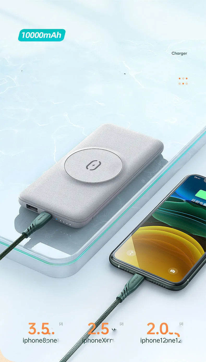 Mint green magnetic wireless charging power bank showing dimensions and MagSafe compatibility
