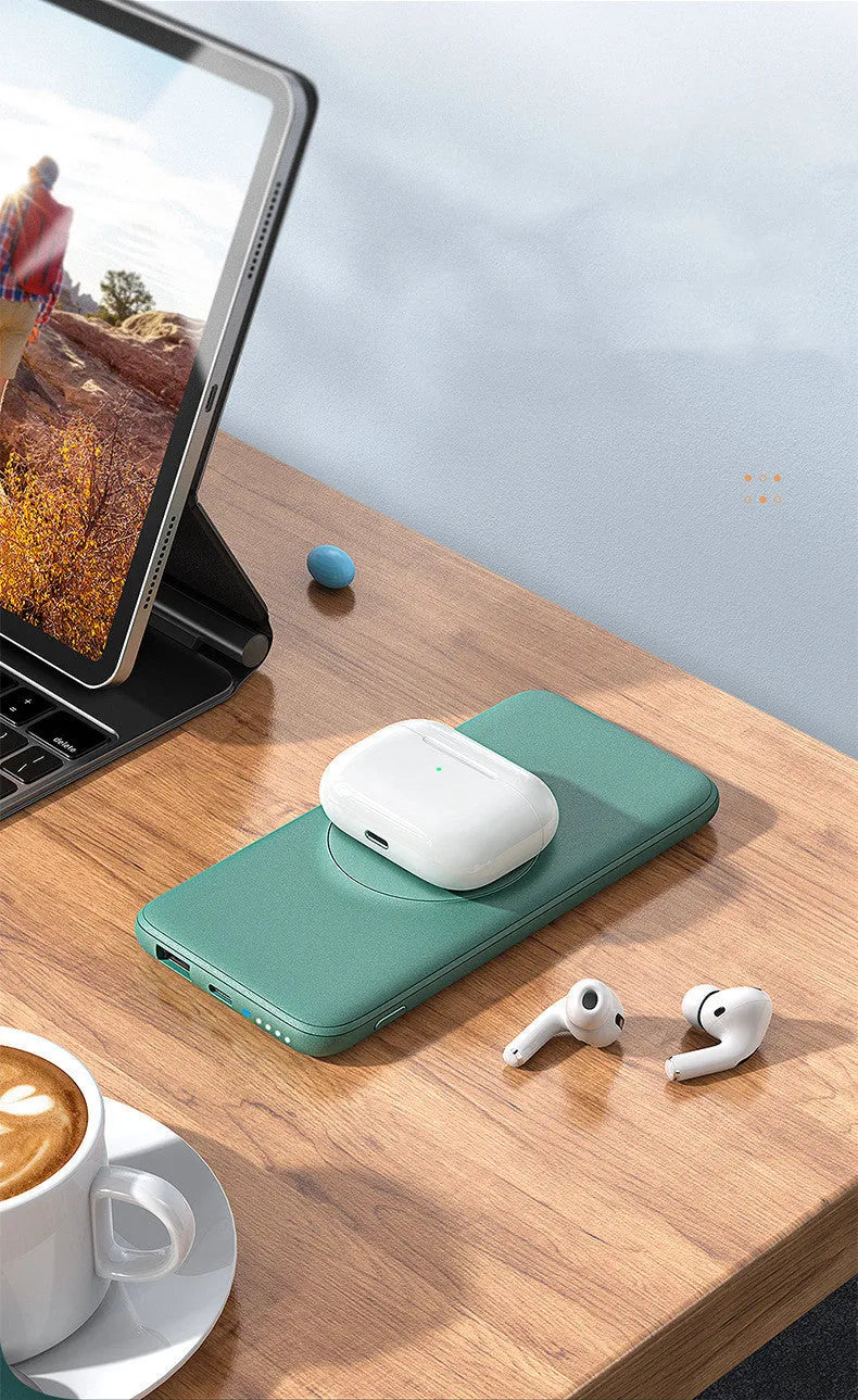 Mint green magnetic wireless charging power bank showing dimensions and MagSafe compatibility