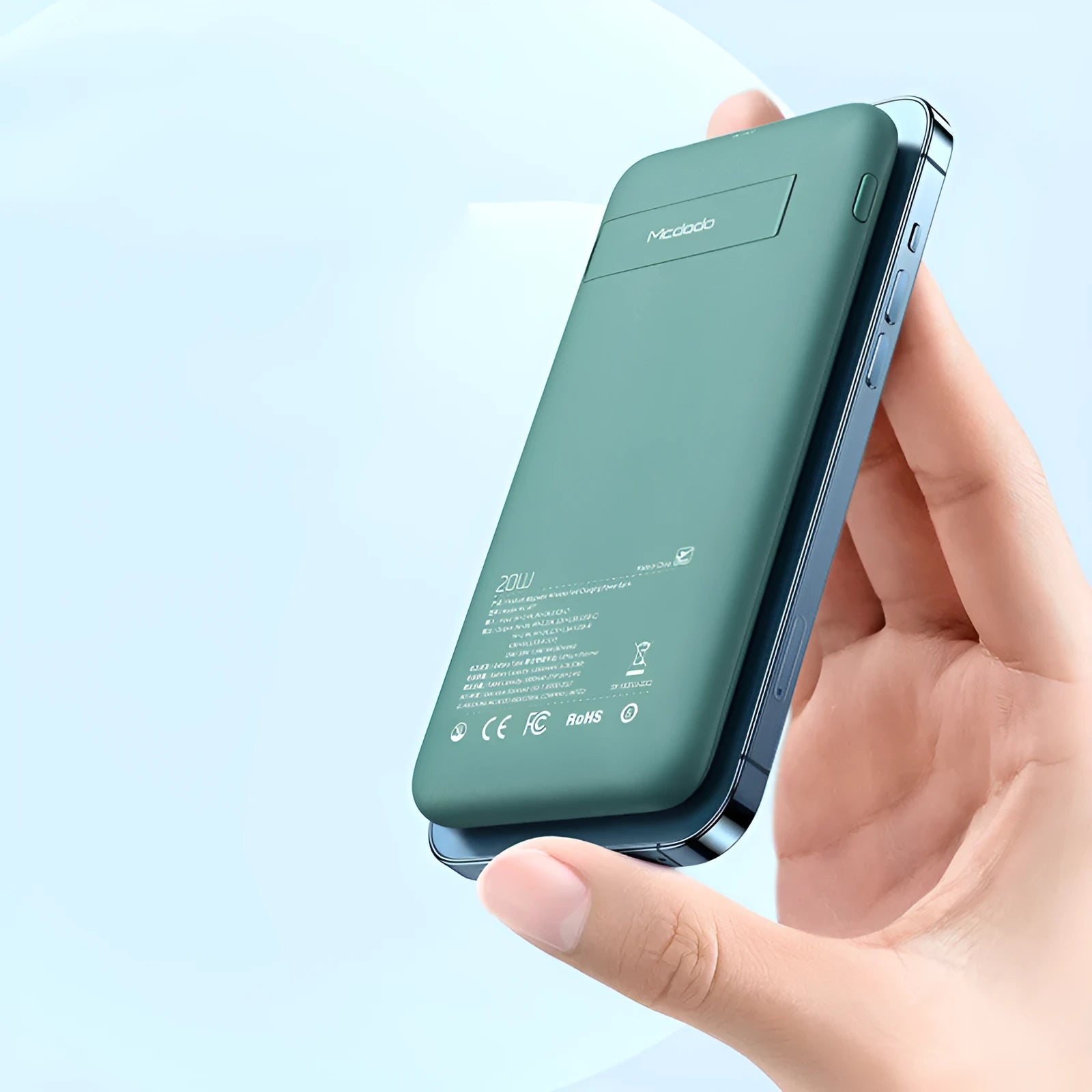 Mint green magnetic wireless charging power bank showing dimensions and MagSafe compatibility