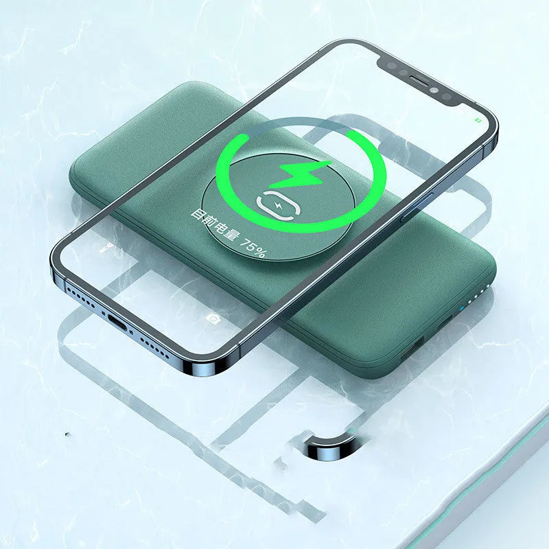 Mint green magnetic wireless charging power bank showing dimensions and MagSafe compatibility