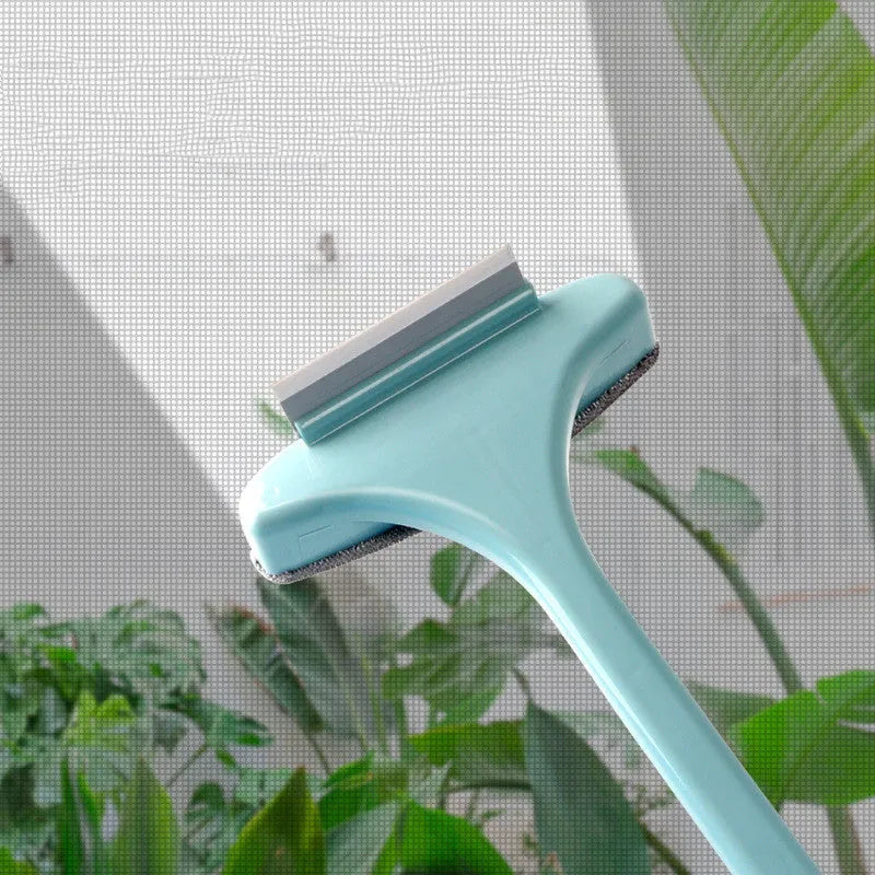 Window cleaning brush with optional glass scraper and crevice brush tool in blue or pink colours