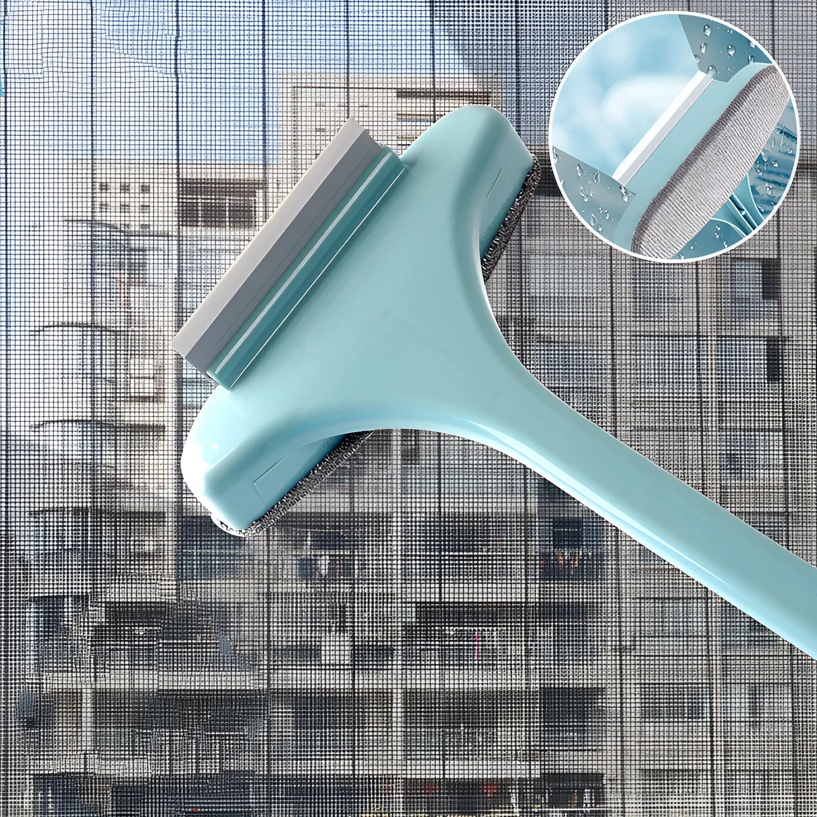 Window cleaning brush with optional glass scraper and crevice brush tool in blue or pink colours