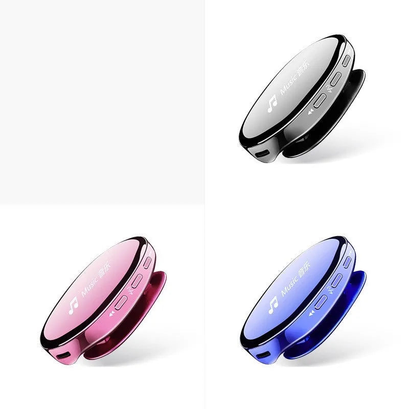 Blue Bluetooth MP4 music player with OLED screen showing track information.